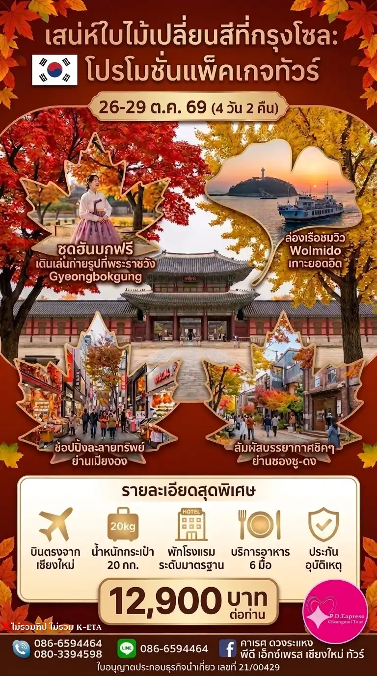 ทัวร์เกาหลี โซล ใบไม้เปลี่ยนสี บินตรงจากเชียงใหม่สู่โซล 4วัน 2คืน