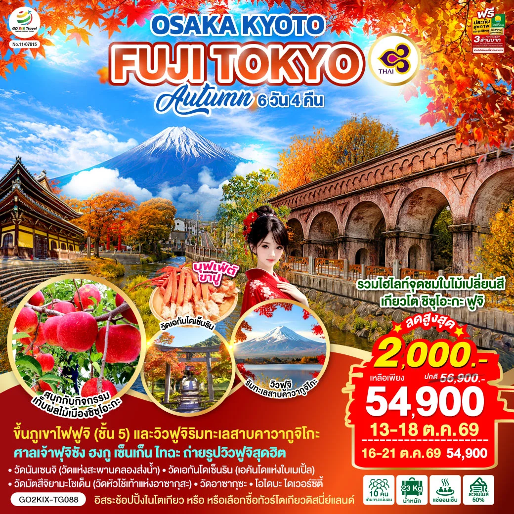 ทัวร์ญี่ปุ่น OSAKA KYOTO FUJI TOKYO AUTUMN FRUIT PARK 6วัน 4คืน (TG)